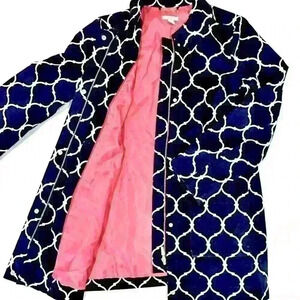 Charter Club size L jacket, dark navy blue with cream, front pockets.